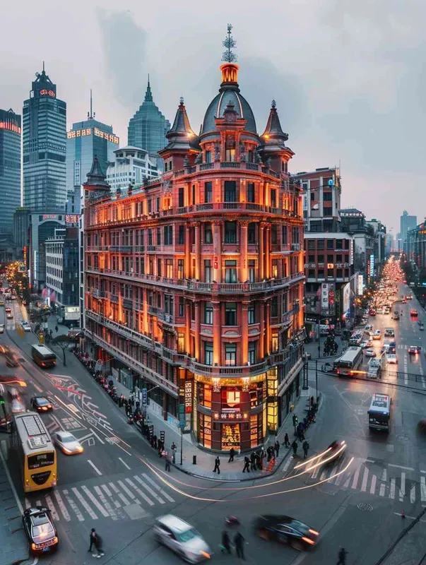 A photo of Wukang Building in Shanghai,busy streets,cars and pedestrians,Wukang Building becomes red and white - style2部分