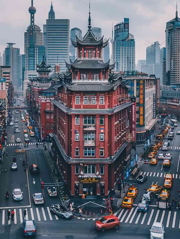 A photo of Wukang Building in Shanghai,busy streets,cars and pedestrians,Wukang Building becomes red and white - style3部分