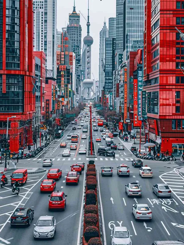 A photo of Wukang Building in Shanghai,busy streets,cars and pedestrians,Wukang Building becomes red and white - style4部分