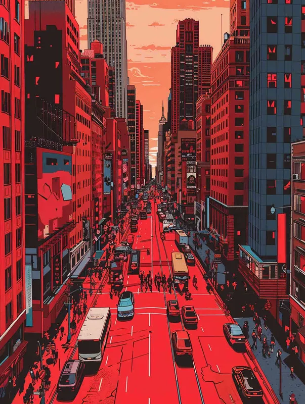 红色的街道，两侧高楼林立，行人和车辆，晴天 - style4部分