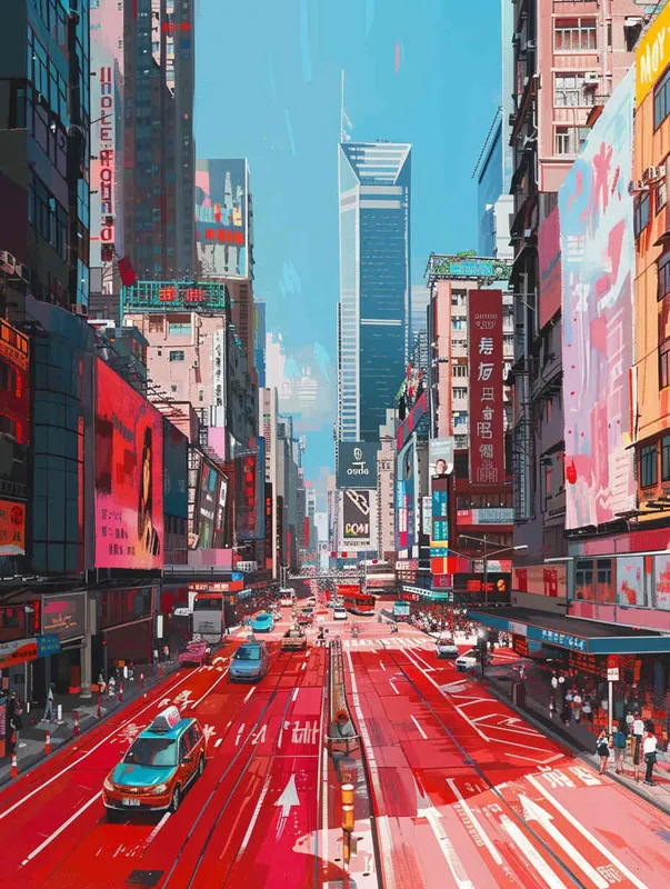 城市的街道正在被油漆刷成红色，两侧高楼林立，行人和车辆，晴天，实景 - style3部分