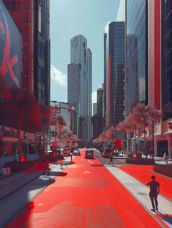 The streets in the city are being painted red, with tall buildings on both sides, pedestrians and vehicles, sunny weather, real scenery. --ar 3:4 --q 1 --v 6.0
 - style2部分
