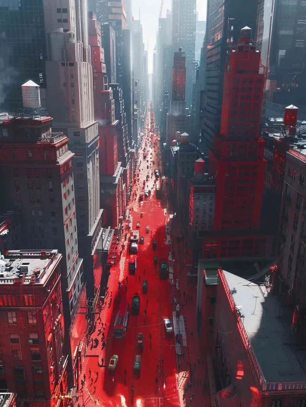 The streets in the city are being painted red, with tall buildings on both sides, pedestrians and vehicles, sunny weather, real scenery. --ar 3:4 --q 1 --v 6.0
 - style4部分