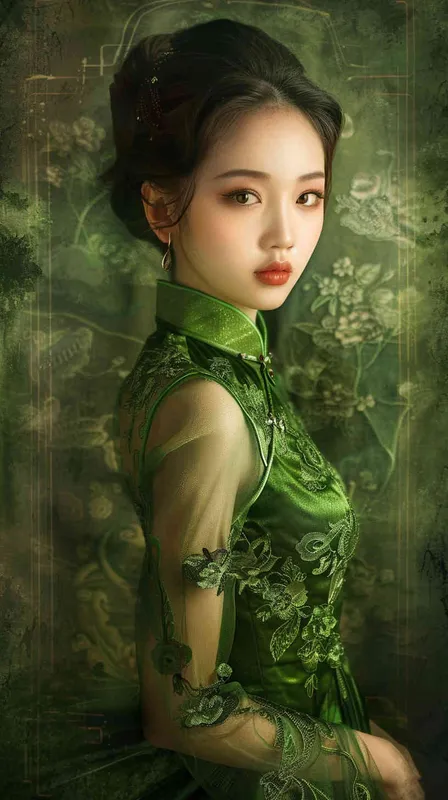 A beautiful girl with a Chinese face wearing a green dress.  - style1部分