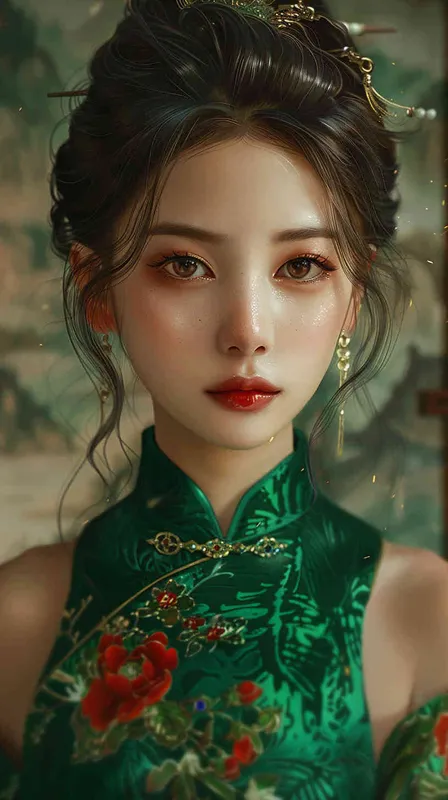 A beautiful girl with a Chinese face wearing a green dress.  - style2部分