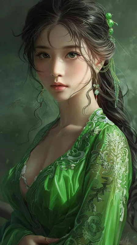 A beautiful girl with a Chinese face wearing a green dress.  - style3部分