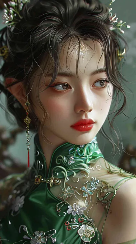 A beautiful girl with a Chinese face wearing a green dress.  - style4部分