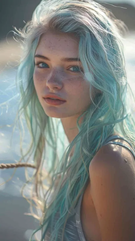 girl, delicate features, light blue hair, blush, watery eyes, energetic, mysterious, jersey, on the beach, Nikon D750, Vivid Colors, Complimentary-Colors - style1部分