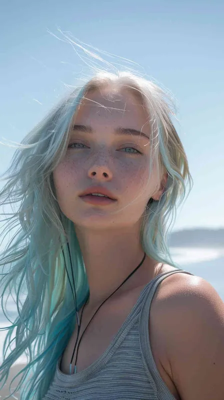 girl, delicate features, light blue hair, blush, watery eyes, energetic, mysterious, jersey, on the beach, Nikon D750, Vivid Colors, Complimentary-Colors - style3部分