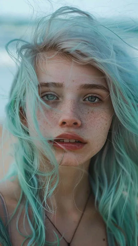 girl, delicate features, light blue hair, blush, watery eyes, energetic, mysterious, jersey, on the beach, Nikon D750, Vivid Colors, Complimentary-Colors - style1部分