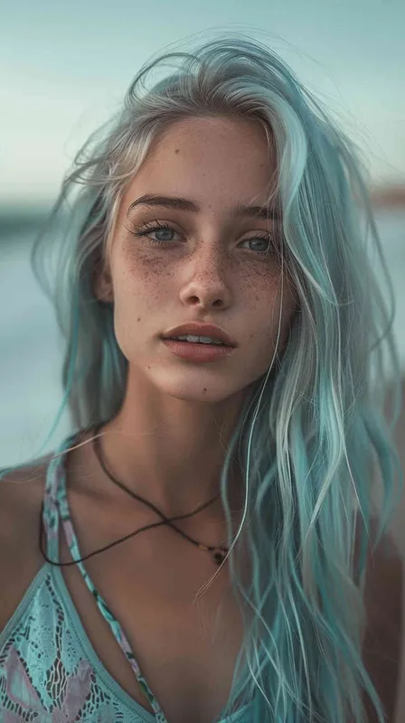 girl, delicate features, light blue hair, blush, watery eyes, energetic, mysterious, jersey, on the beach, Nikon D750, Vivid Colors, Complimentary-Colors - style2部分