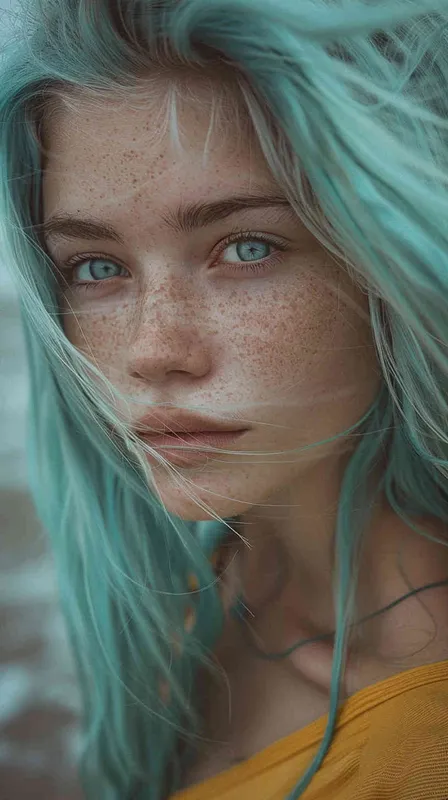 girl, delicate features, light blue hair, blush, watery eyes, energetic, mysterious, jersey, on the beach, Nikon D750, Vivid Colors, Complimentary-Colors - style3部分