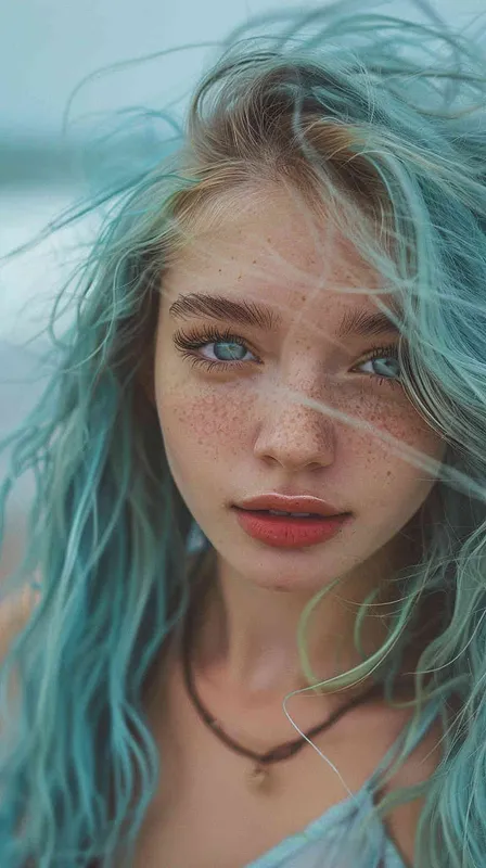 girl, delicate features, light blue hair, blush, watery eyes, energetic, mysterious, jersey, on the beach, Nikon D750, Vivid Colors, Complimentary-Colors - style4部分