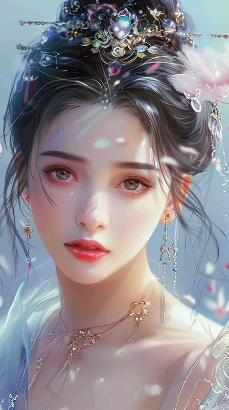 美人束发成节，鹅蛋脸颊，光洁无瑕，若皎月霞霞，富态高贵，一双凤目勾人魂。单点柳眉成疏影，素带垂眉，体态丰腴 - style3部分