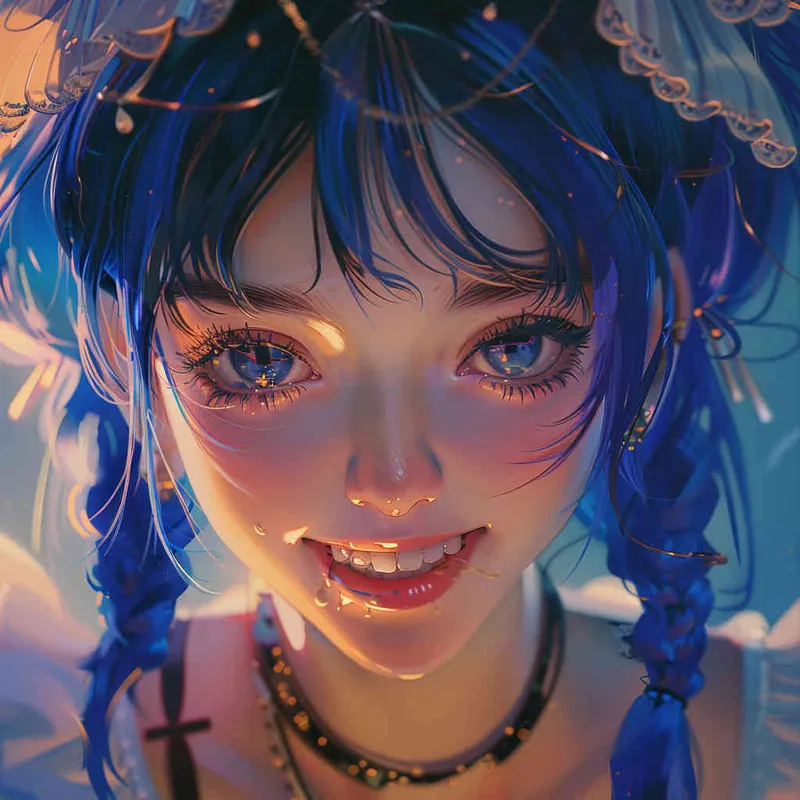 girl, detailed gorgeous face, hair over one eye, drill hair, dark blue hair, kind smile, detailed beautiful eyes, happy, vibrant, Angelic, shirt, maid headdress, gradient background, Portrait Photogram, Closeup-View, Sunlight, cinematic lighting, Vivid Colors, HD – AI绘画作品展示 | Midjourney中文版生成