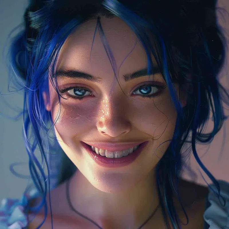 girl, detailed gorgeous face, hair over one eye, drill hair, dark blue hair, kind smile, detailed beautiful eyes, happy, vibrant, Angelic, shirt, maid headdress, gradient background, Portrait Photogram, Closeup-View, Sunlight, cinematic lighting, Vivid Colors, HD - style3部分