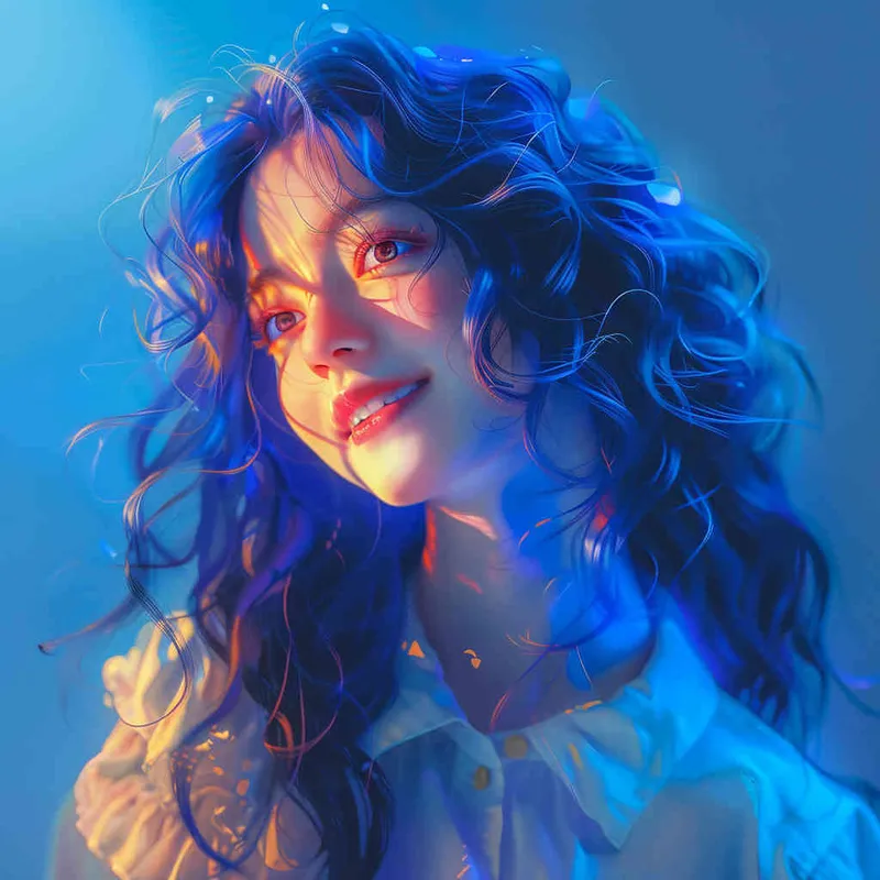 girl, detailed gorgeous face, hair over one eye, drill hair, dark blue hair, kind smile, detailed beautiful eyes, happy, vibrant, Angelic, shirt, maid headdress, gradient background, Portrait Photogram, Closeup-View, Sunlight, cinematic lighting, Vivid Colors, HD - style4部分