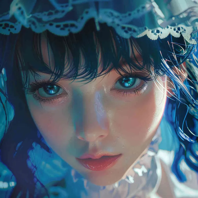 girl, detailed gorgeous face, hair over one eye, drill hair, dark blue hair, kind smile, detailed beautiful eyes, happy, vibrant, Angelic, shirt, maid headdress, gradient background, Portrait Photogram, Closeup-View, Sunlight, cinematic lighting, Vivid Colors, HD - style1部分