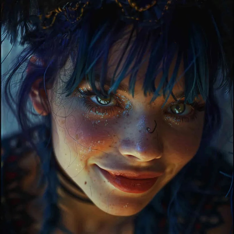 girl, detailed gorgeous face, hair over one eye, drill hair, dark blue hair, kind smile, detailed beautiful eyes, happy, vibrant, Angelic, shirt, maid headdress, gradient background, Portrait Photogram, Closeup-View, Sunlight, cinematic lighting, Vivid Colors, HD - style2部分
