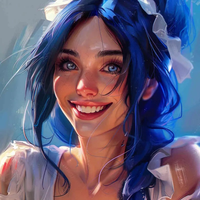 girl, detailed gorgeous face, hair over one eye, drill hair, dark blue hair, kind smile, detailed beautiful eyes, happy, vibrant, Angelic, shirt, maid headdress, gradient background, Portrait Photogram, Closeup-View, Sunlight, cinematic lighting, Vivid Colors, HD - style3部分