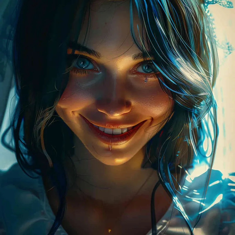 girl, detailed gorgeous face, hair over one eye, drill hair, dark blue hair, kind smile, detailed beautiful eyes, happy, vibrant, Angelic, shirt, maid headdress, gradient background, Portrait Photogram, Closeup-View, Sunlight, cinematic lighting, Vivid Colors, HD - style4部分