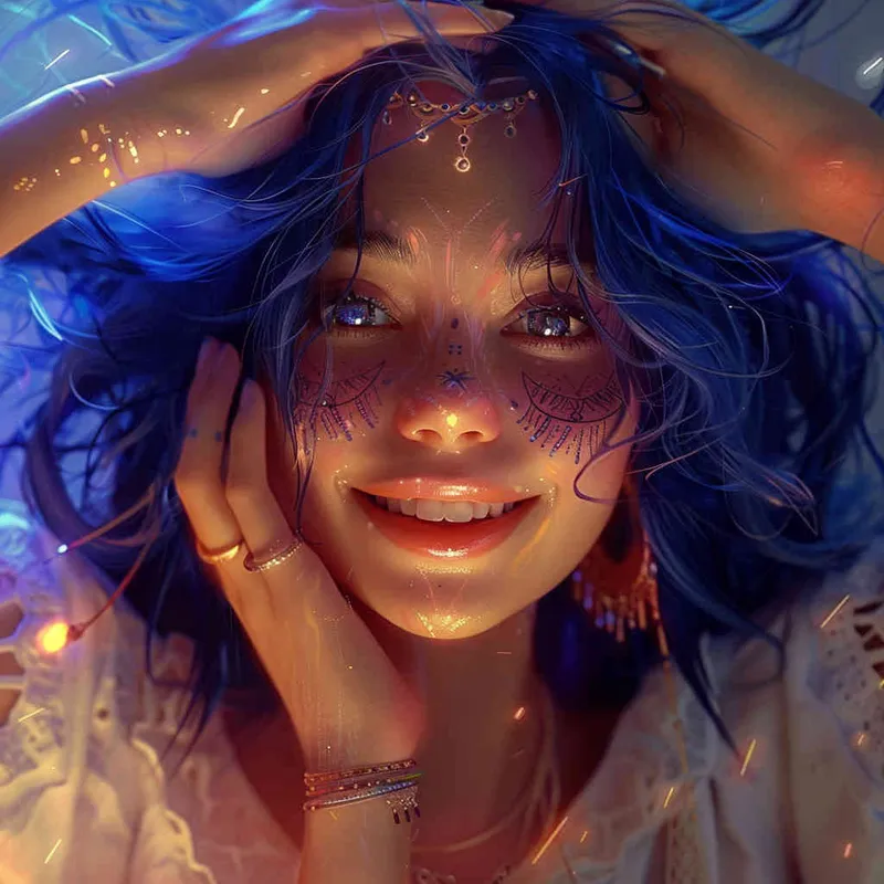 girl, detailed gorgeous face, hair over one eye, drill hair, dark blue hair, kind smile, detailed beautiful eyes, happy, vibrant, Angelic, shirt, maid headdress, gradient background, Portrait Photogram, Closeup-View, Sunlight, HD - style1部分
