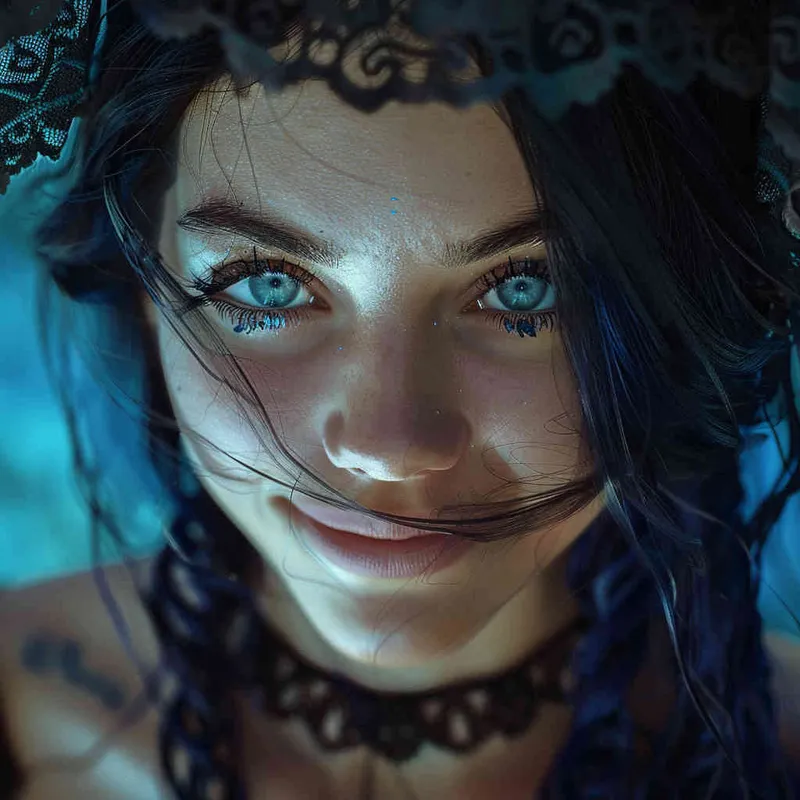 girl, detailed gorgeous face, hair over one eye, drill hair, dark blue hair, kind smile, detailed beautiful eyes, happy, vibrant, Angelic, shirt, maid headdress, gradient background, Portrait Photogram, Closeup-View, Sunlight, HD - style3部分