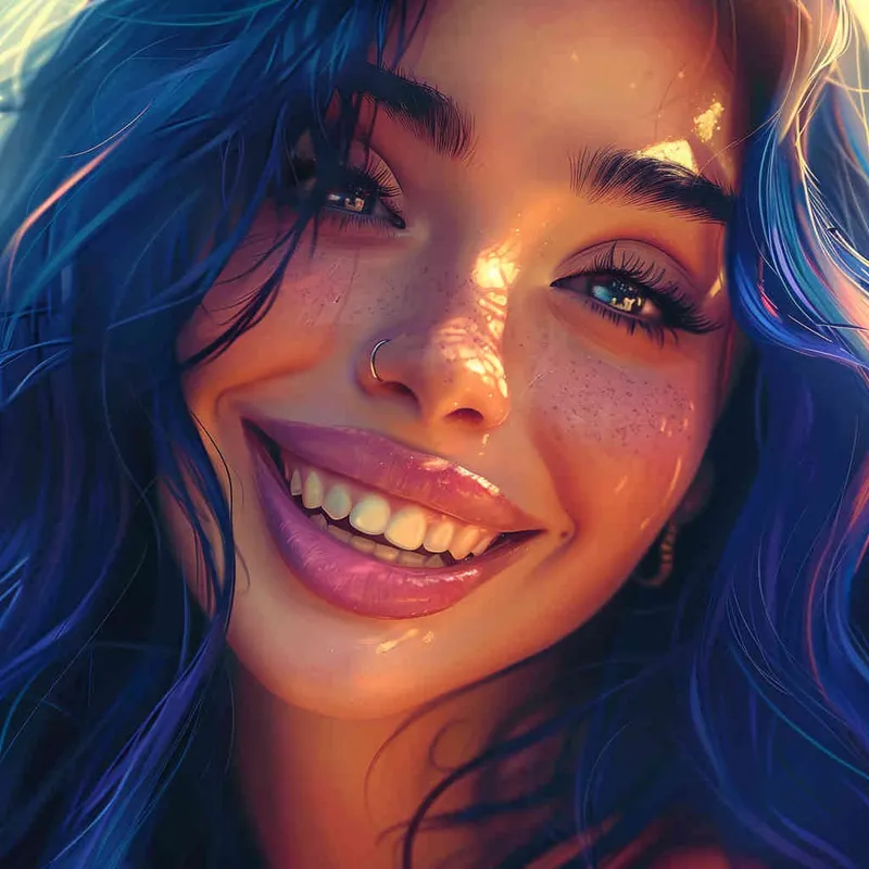 girl, detailed gorgeous face, hair over one eye, drill hair, dark blue hair, kind smile, detailed beautiful eyes, happy, vibrant, Angelic, shirt, maid headdress, gradient background, Portrait Photogram, Closeup-View, Sunlight, HD - style4部分