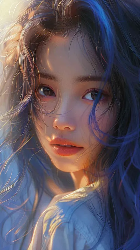 asian women,girl, detailed gorgeous face, hair over one eye, drill hair, dark blue hair, kind smile, detailed beautiful eyes, happy, vibrant, Angelic, shirt, gradient background, Closeup-View, Sunlight, HD - style1部分
