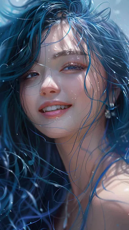 asian women,girl, detailed gorgeous face, hair over one eye, drill hair, dark blue hair, kind smile, detailed beautiful eyes, happy, vibrant, Angelic, shirt, gradient background, Closeup-View, Sunlight, HD - style2部分
