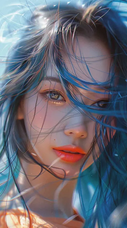 asian women,girl, detailed gorgeous face, hair over one eye, drill hair, dark blue hair, kind smile, detailed beautiful eyes, happy, vibrant, Angelic, shirt, gradient background, Closeup-View, Sunlight, HD - style3部分