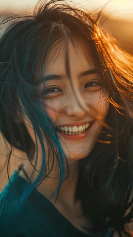 asian women,girl, detailed gorgeous face, hair over one eye, drill hair, dark blue hair, kind smile, detailed beautiful eyes, happy, vibrant, Angelic, shirt, gradient background, Closeup-View, Sunlight, HD - style4部分