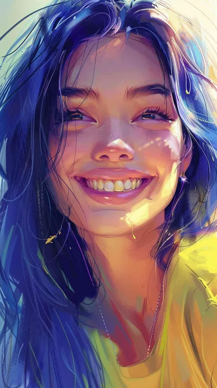 asian women,girl, detailed gorgeous face, hair over one eye, drill hair, dark blue hair, kind smile, detailed beautiful eyes, happy, vibrant, Angelic, shirt, gradient background, Closeup-View, Sunlight, HD - AI绘画作品展示 | Midjourney中文版生成