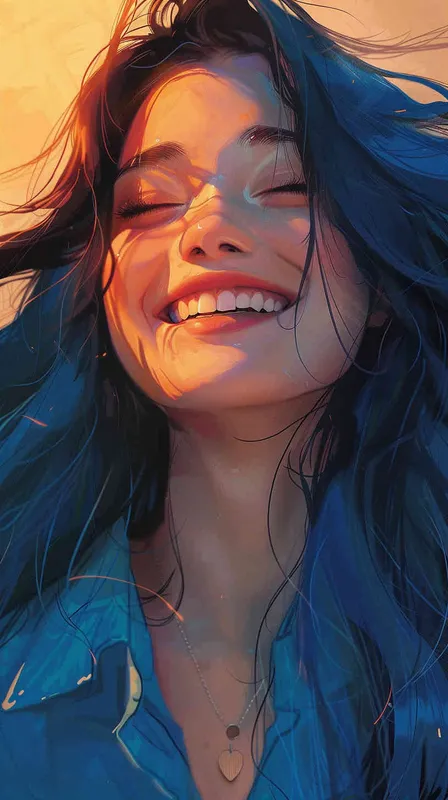 asian women,girl, detailed gorgeous face, hair over one eye, drill hair, dark blue hair, kind smile, detailed beautiful eyes, happy, vibrant, Angelic, shirt, gradient background, Closeup-View, Sunlight, HD - AI绘画作品展示 | Midjourney中文版生成