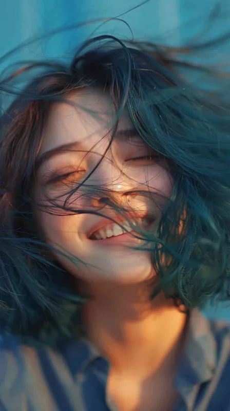 asian women,girl, detailed gorgeous face, hair over one eye, drill hair, dark blue hair, kind smile, detailed beautiful eyes, happy, vibrant, Angelic, shirt, gradient background, Closeup-View, Sunlight, HD - AI绘画作品展示 | Midjourney中文版生成