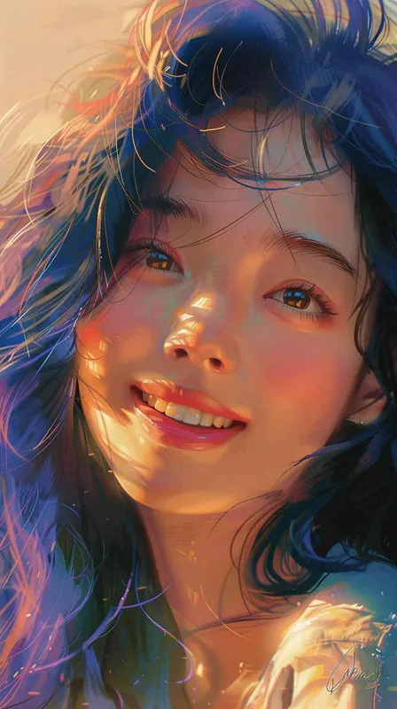 asian women,girl, detailed gorgeous face, hair over one eye, drill hair, dark blue hair, kind smile, detailed beautiful eyes, happy, vibrant, Angelic, shirt, gradient background, Closeup-View, Sunlight, HD - AI绘画作品展示 | Midjourney中文版生成