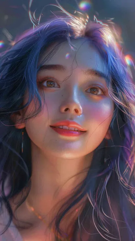 asian women,girl, detailed gorgeous face, hair over one eye, drill hair, dark blue hair, kind smile, detailed beautiful eyes, happy, vibrant, Angelic, shirt, gradient background, Closeup-View, Sunlight, HD - style1部分