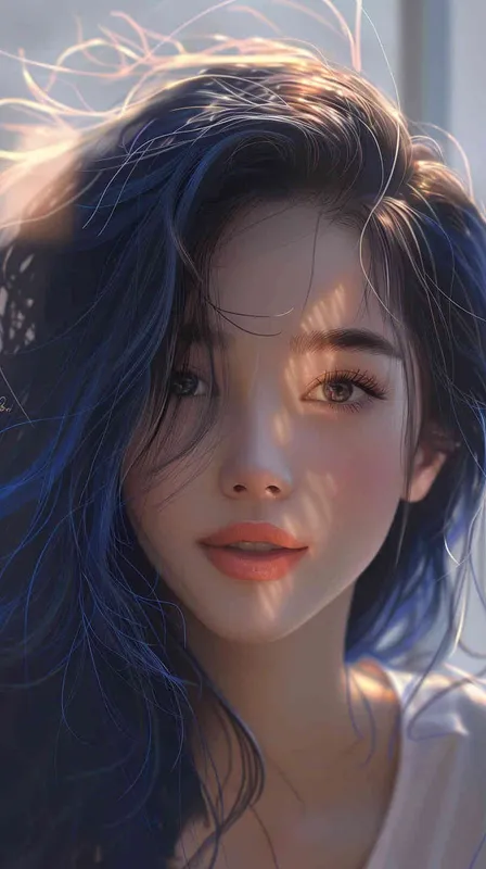asian women,girl, detailed gorgeous face, hair over one eye, drill hair, dark blue hair, kind smile, detailed beautiful eyes, happy, vibrant, Angelic, shirt, gradient background, Closeup-View, Sunlight, HD - style2部分