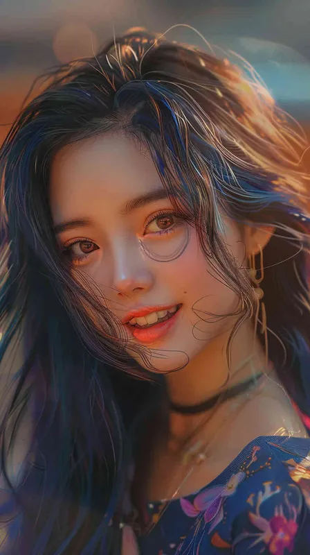 asian women,girl, detailed gorgeous face, hair over one eye, drill hair, dark blue hair, kind smile, detailed beautiful eyes, happy, vibrant, Angelic, shirt, gradient background, Closeup-View, Sunlight, HD - style3部分