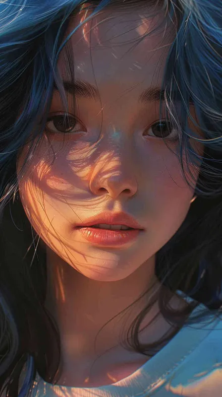 asian women,girl, detailed gorgeous face, hair over one eye, drill hair, dark blue hair, kind smile, detailed beautiful eyes, happy, vibrant, Angelic, shirt, gradient background, Closeup-View, Sunlight, HD - style4部分