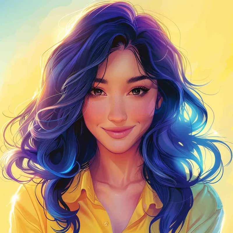 asian women,girl, detailed gorgeous face, hair over one eye, drill hair, dark blue hair, kind smile, detailed beautiful eyes, happy, vibrant, Angelic, shirt, gradient background, Closeup-View, Sunlight, HD  - style1部分