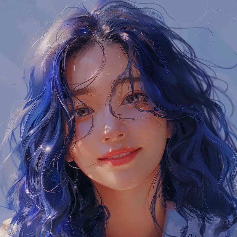 asian women,girl, detailed gorgeous face, hair over one eye, drill hair, dark blue hair, kind smile, detailed beautiful eyes, happy, vibrant, Angelic, shirt, gradient background, Closeup-View, Sunlight, HD  - style2部分