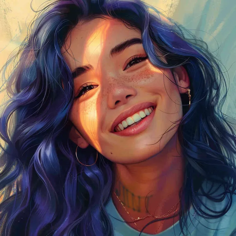 asian women,girl, detailed gorgeous face, hair over one eye, drill hair, dark blue hair, kind smile, detailed beautiful eyes, happy, vibrant, Angelic, shirt, gradient background, Closeup-View, Sunlight, HD  - style3部分