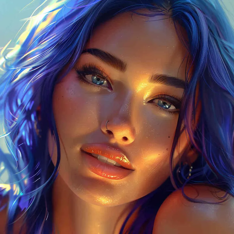 asian women,girl, detailed gorgeous face, hair over one eye, drill hair, dark blue hair, kind smile, detailed beautiful eyes, happy, vibrant, Angelic, shirt, gradient background, Closeup-View, Sunlight, HD  - style4部分