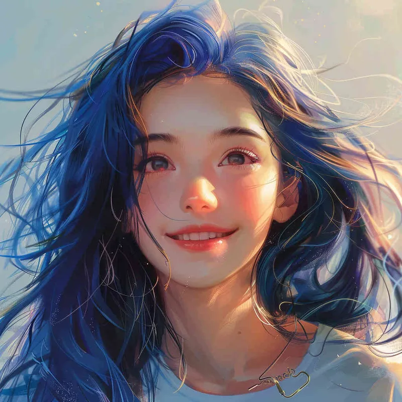 asian women,girl, detailed gorgeous face, hair over one eye, drill hair, dark blue hair, kind smile, detailed beautiful eyes, happy, vibrant, Angelic, shirt, gradient background, Closeup-View, Sunlight, HD  - style1部分