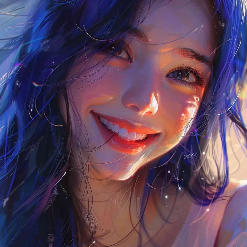 asian women,girl, detailed gorgeous face, hair over one eye, drill hair, dark blue hair, kind smile, detailed beautiful eyes, happy, vibrant, Angelic, shirt, gradient background, Closeup-View, Sunlight, HD  - style2部分