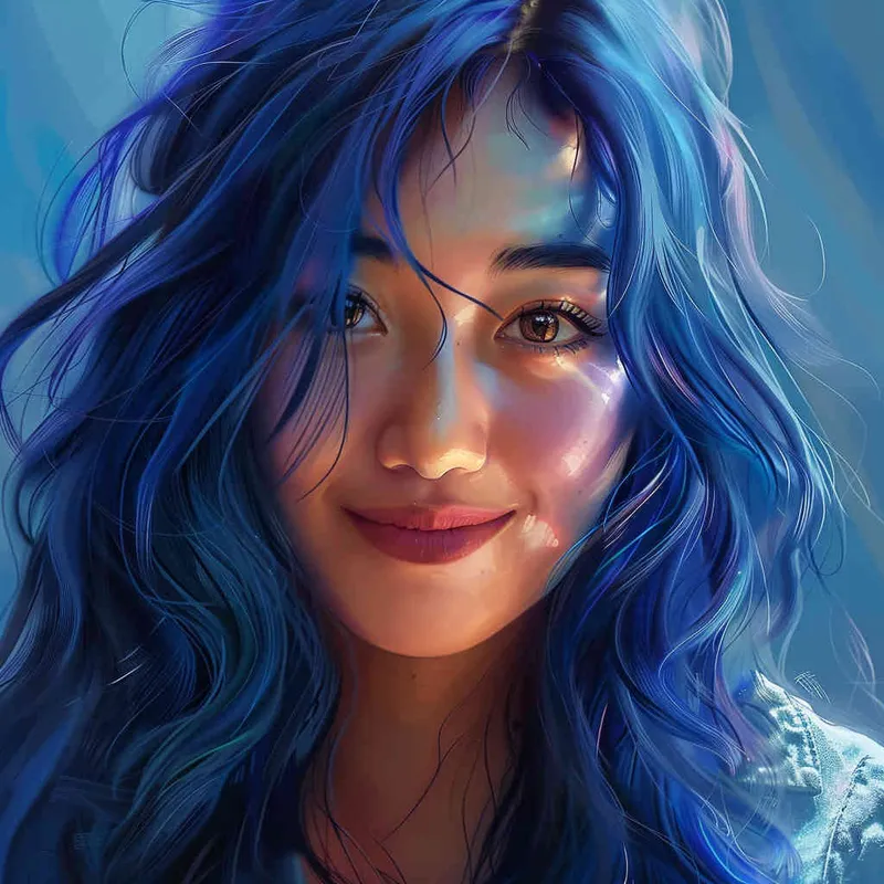 asian women,girl, detailed gorgeous face, hair over one eye, drill hair, dark blue hair, kind smile, detailed beautiful eyes, happy, vibrant, Angelic, shirt, gradient background, Closeup-View, Sunlight, HD  - style3部分