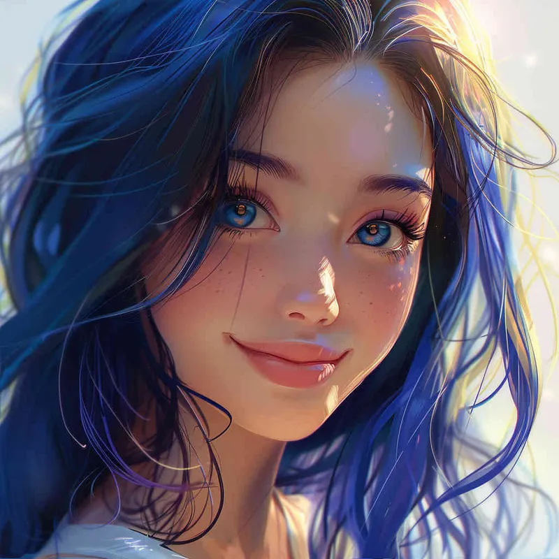 asian women,girl, detailed gorgeous face, hair over one eye, drill hair, dark blue hair, kind smile, detailed beautiful eyes, happy, vibrant, Angelic, shirt, gradient background, Closeup-View, Sunlight, HD  - style4部分