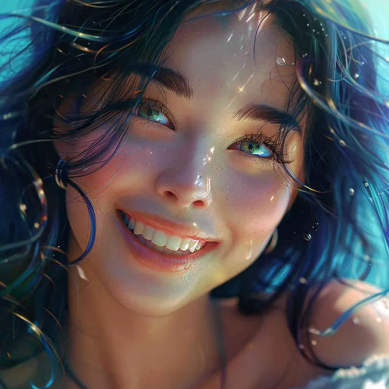 asian women,girl, detailed gorgeous face, hair over one eye, drill hair, dark blue hair, kind smile, detailed beautiful eyes, happy, vibrant, Angelic, shirt, gradient background, Closeup-View, Sunlight, HD  - style1部分