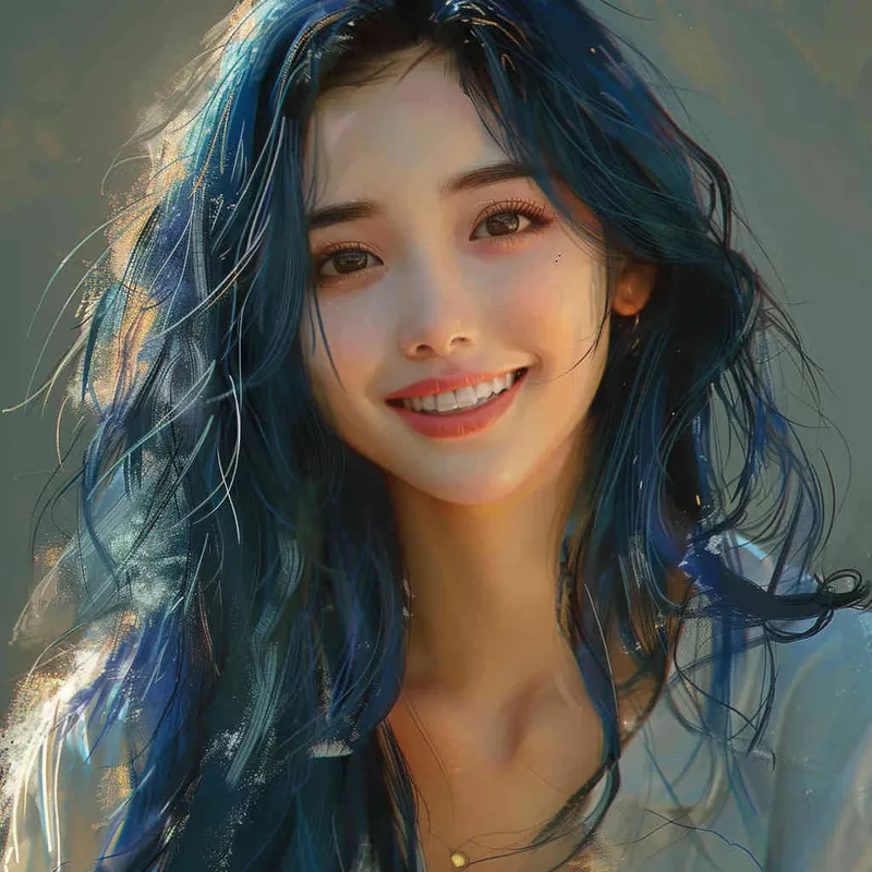 asian women,girl, detailed gorgeous face, hair over one eye, drill hair, dark blue hair, kind smile, detailed beautiful eyes, happy, vibrant, Angelic, shirt, gradient background, Closeup-View, Sunlight, HD  - style2部分